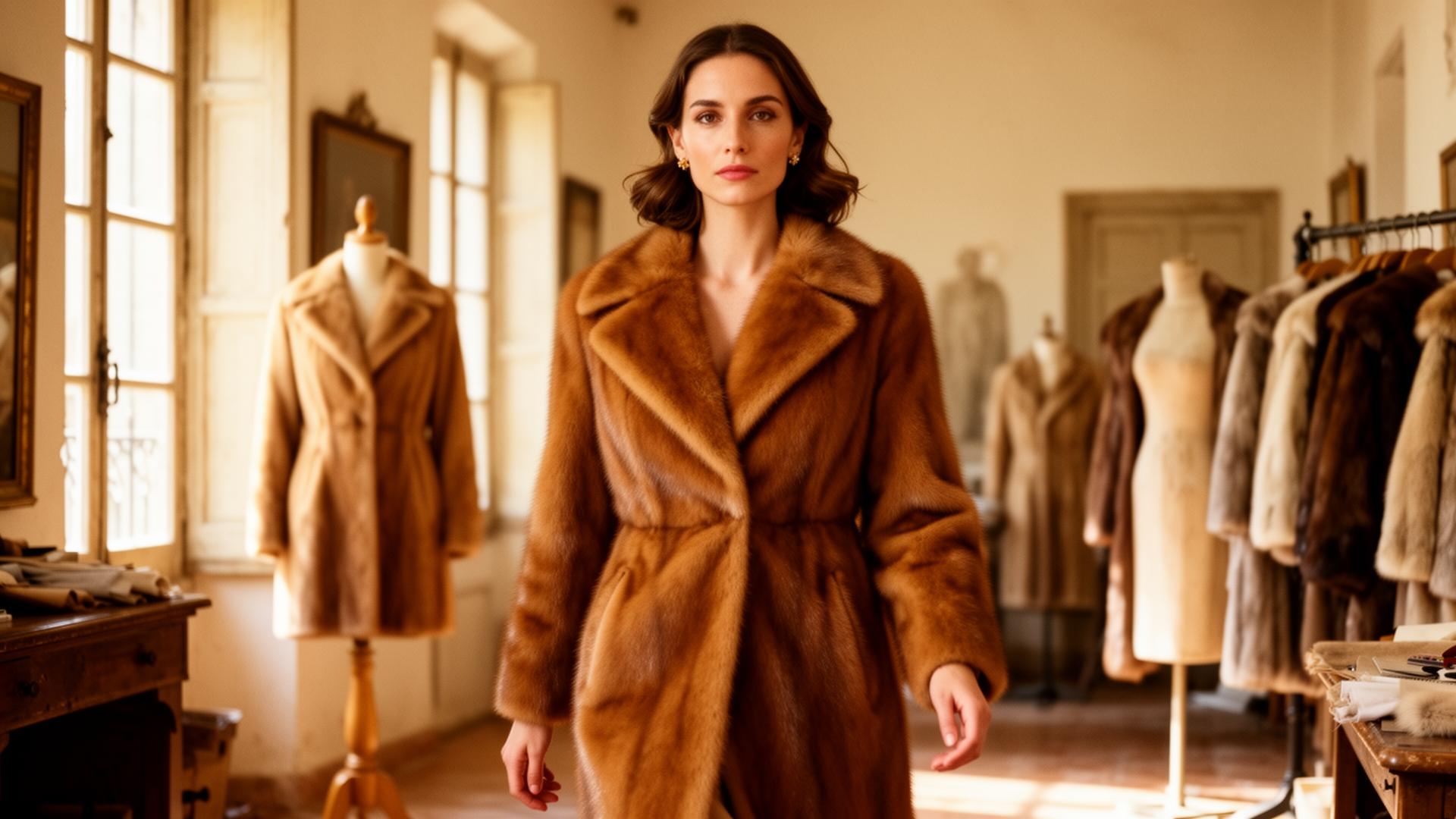 Woman wearing a hand-restored mink coat at the atelier